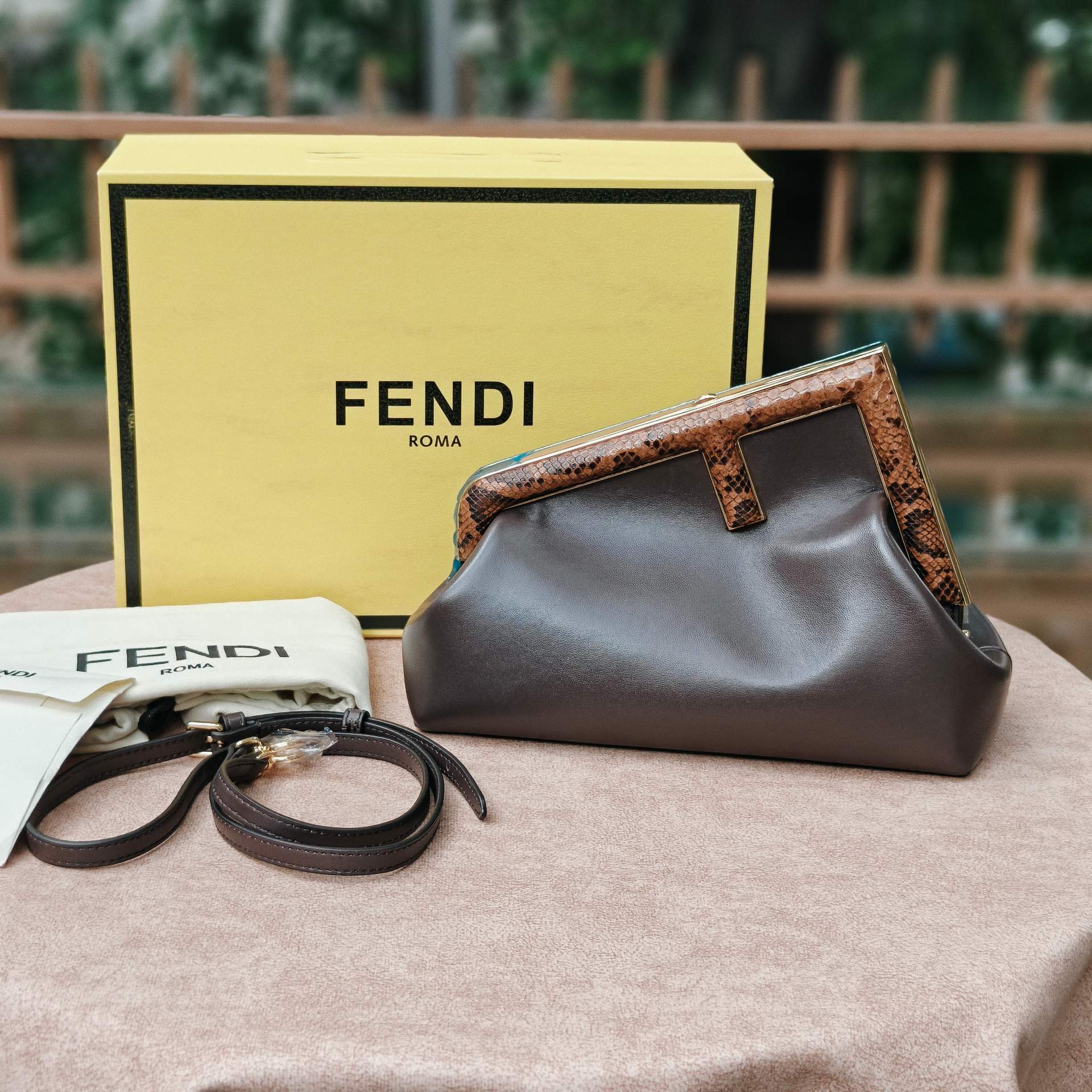 Fend! Black Leather and Python Small First Bag